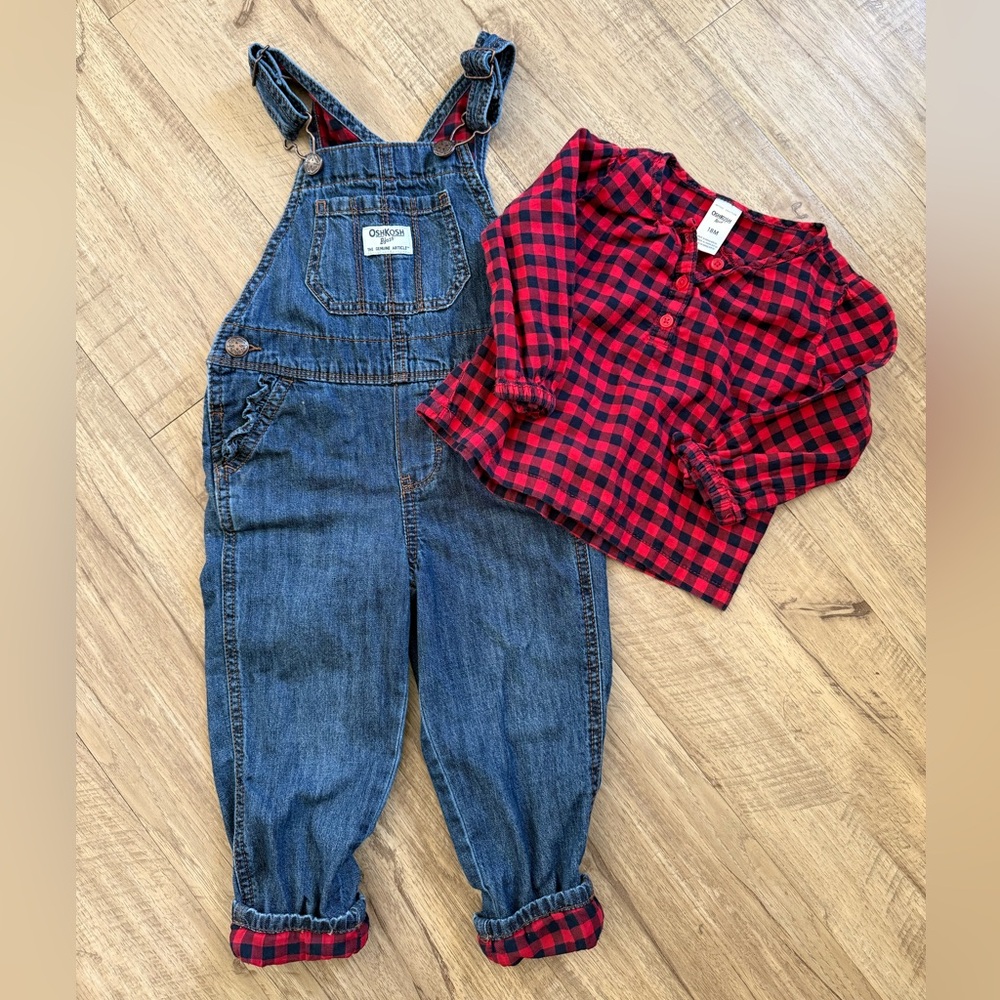 OshKosh B'gosh Denim Overalls with Red Checkered Shirt